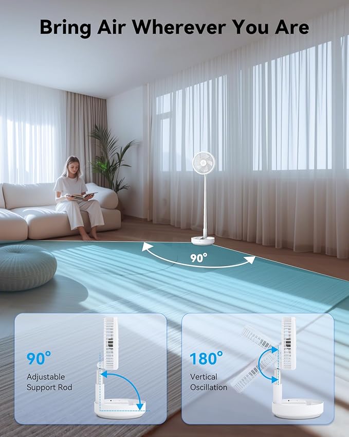 Portable Oscillating Travel Fan, 10400mAh Rechargeable Battery with Remote | Foldable, Floor Table Desk Fan ,8H Timer, 4 Speed Settings Pedestal Fan for Home Bedroom Sleeping Camping Cruise, White 8" - Image 5