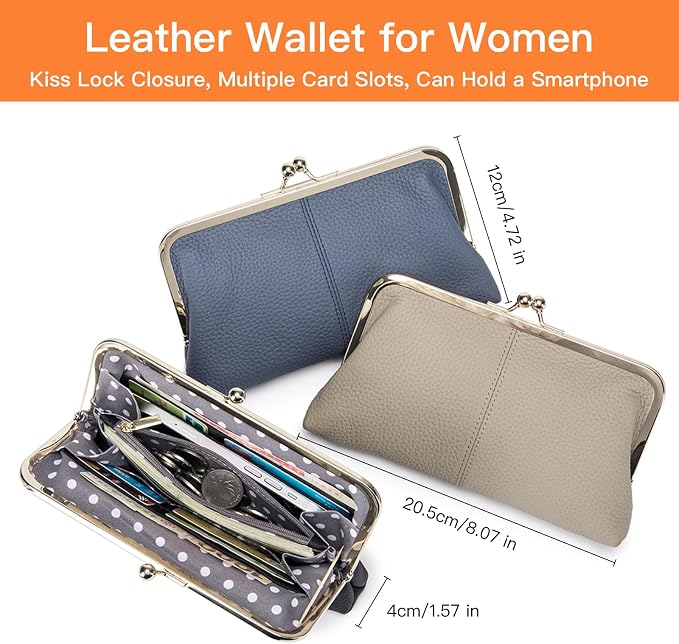 Women's Genuine Leather Wallet - Fashionable Kiss Lock Card Holder, Long Clutch Purse, Portable Large Capacity Travel Wallett (Gray) - Image 2