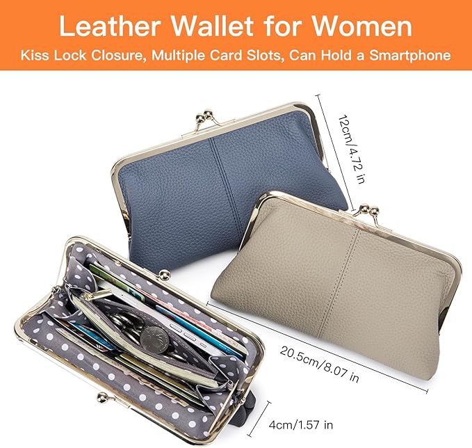 mpeak filters Vintage Kiss Lock Wallet for Women, Genuine Leather Multi-card Slots Card Holder Clutch Purse Travel Wallet (Blue) - Image 2