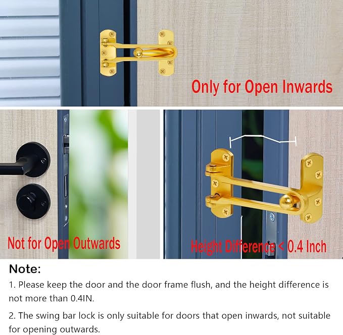 Topbuti Home Security Door Lock, 2 Pack Latch Guard Clasp Front Door Locks for Kids, Home Reinforcement Lock for Swing-in Doors, Hotel Door Latches, Thicken Solid Aluminium Alloy (Brass) - Image 6