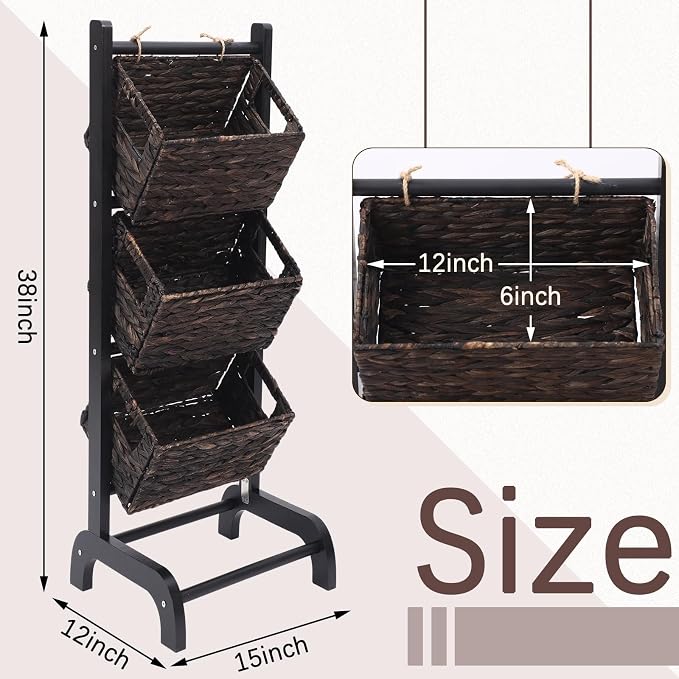 Wicker 3 Tier Foldable Storage Basket Floor Rack with Market Storage Basket Water Hyacinth Storage Rack Hand Woven Laundry Rack for Bathroom Kitchen Laundry Room Living Room Storage (Brown) - Image 2