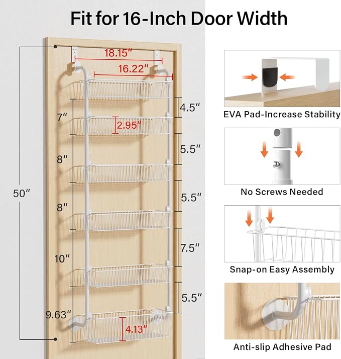 Delamu Large Over the Door Pantry Organizer, 6-Tier Metal Pantry Door Organization and Storage for Easy Install, Hanging Spice Rack Seasoning Shelves for Cabinet & Kitchen, D6.7xW17.5xH53.7 in, White - Image 3