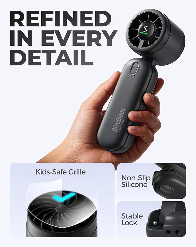 Diveblues Mini Portable Handheld Turbo Fan 27ft/s, 4000mAh Battery | Quiet Motor, 12H Max Cooling, 5 Speeds, LED Display, 3-in-1 Handheld/Neck/Desk Fan for Travel, Cruise & Disney Essentials - Image 8