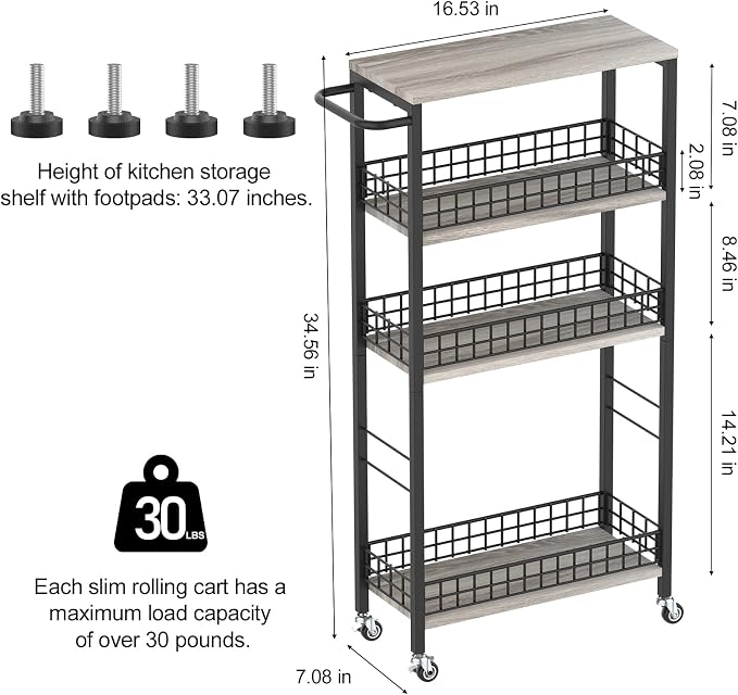 NOVIMANGO Slim Storage Cart Narrow Kitchen Cart 4 Tier, Grey | Slim Rolling Cart for Kitchen, Slim Bathroom Storage Cart with Wheels, with Wood Tabletop, for Narrow Spaces - Image 8
