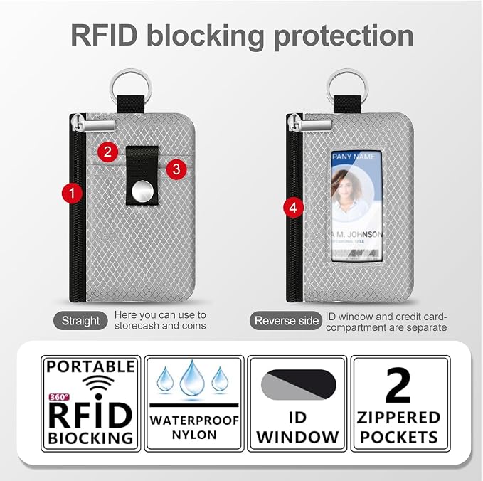 Minimalist RFID Blocking Small Wallet with ID Window,WaterResistant Zip Id Case Wallet with Lanyard Keychain for Cards,Cash,Travel,Women,Men (Light gray) - Image 2