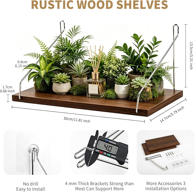 Renter Friendly Wall Shelves No Drill, 2 Pack Renter Friendly Hanging Shelves, Rustic Wood Wall Mounted Shelf for Tenant, Dormitory, Apartment, Office Worker - Image 2