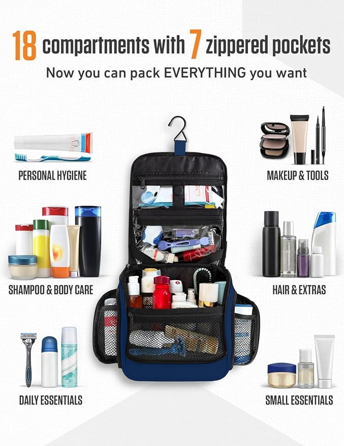 VENTURE 4TH Hanging Travel Toiletry Bag, 18 Compartments - Navy Blue | Hangs on rails, hooks or doors; stands upright. Removable TSA pouch. Water-resistant Nylon 290D Twill, reinforced stitching. - Image 3