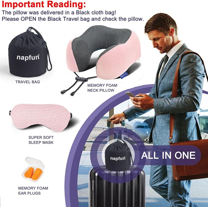 napfun Neck Pillow for Travel with Travel Pouch, Sleep Mask & Earplugs, Memory Foam Airplane Pillow for Headrest Sleep with Eyeshades, Plane Essentials with Eye Blindfold, Pink Striped Kit - Image 6