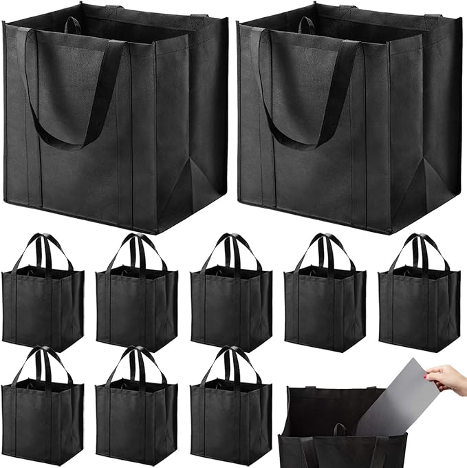 NERUB Set of 10 Reusable Grocery Bags Heavy Duty Shopping Bags Large Grocery Totes with Reinforced Bottom Super Sturdy Handles, Black by NERUB