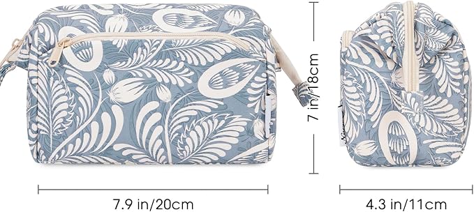 Narwey Women Makeup Bag Wide-open Make up Bag Travel Cosmetic Organizer Toiletry Bag for Cosmetics Toiletries Accessories (Blue Leaf) - Image 6