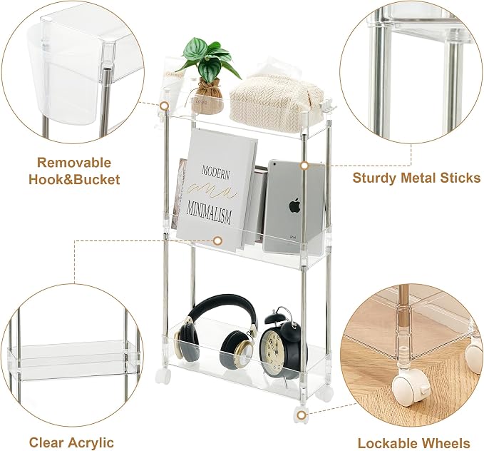 VECELO 3-Tier Acrylic Rolling Cart, Utility Cart for Kitchen Storage, Mobile Shelves Slide-Out Organizers with 2 Lockable Wheels&Hooks for Bathroom Laundry Room Living Room Office, Clear - Image 2