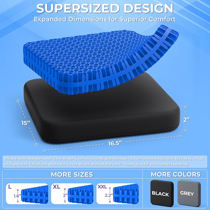 TushGuard Gel Seat Cushion for Long Sitting, Breathable Thick Patent Design | Enlarged Cooling Chair Pad for Office Chair, Wheelchair, Desk Chair, Supportive Car Cushion (2"Thick, Black+Blue) - Image 2