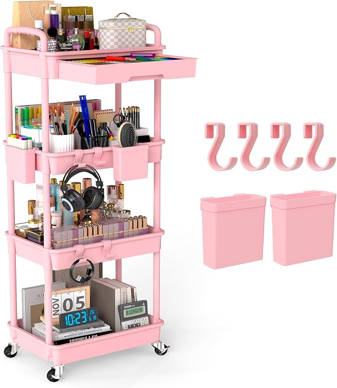 4 Tier Rolling Utility Cart with Drawer, Plastic Storage Organizer Rolling Carts with Wheels Handles Hanging Cups Hooks for Office, Bathroom, Kitchen,Craft Art Room (Pink) by LLMRR