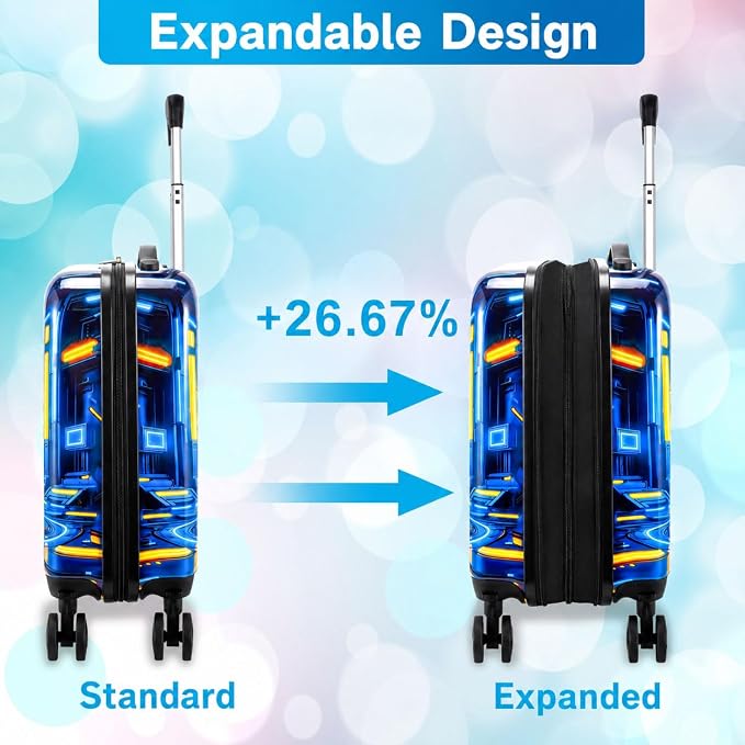 Luggage for Boys with Wheels, Lightweight Hardshell Spinner Kids Suitcase Set 2PCS - Airplane Approved Carry-On for Children Ages 3-10, Futuristic Game Rolling Suitcases for Elementary Toddler Travel - Image 3