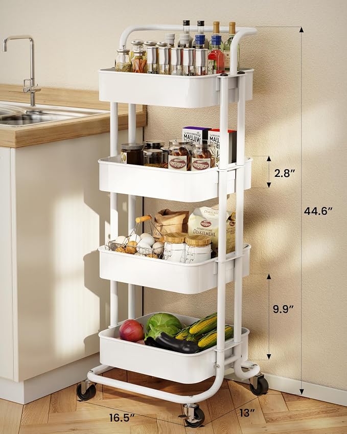 Pipishell Metal 4 Tier Rolling Cart with Handle & 2 Lockable Wheels, White | Four Large 2" Wheels for Easier Movement, Sturdy Metal, Hold 22 lbs per Shelf, Ventilated Mesh Design, for Office and Kitchen - Image 2