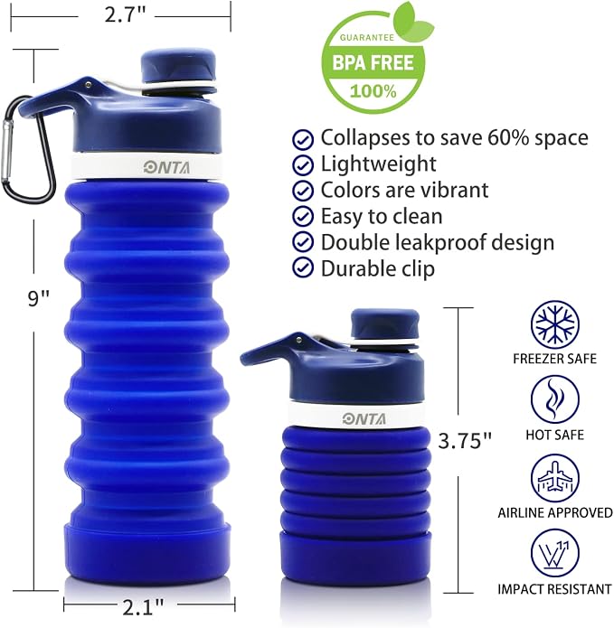 ONTA Collapsible BPA Free Silicone Water Bottle, 20oz - Portable, Leakproof, Easy Clean, Shatter Resistant, Travel Friendly - Image 6