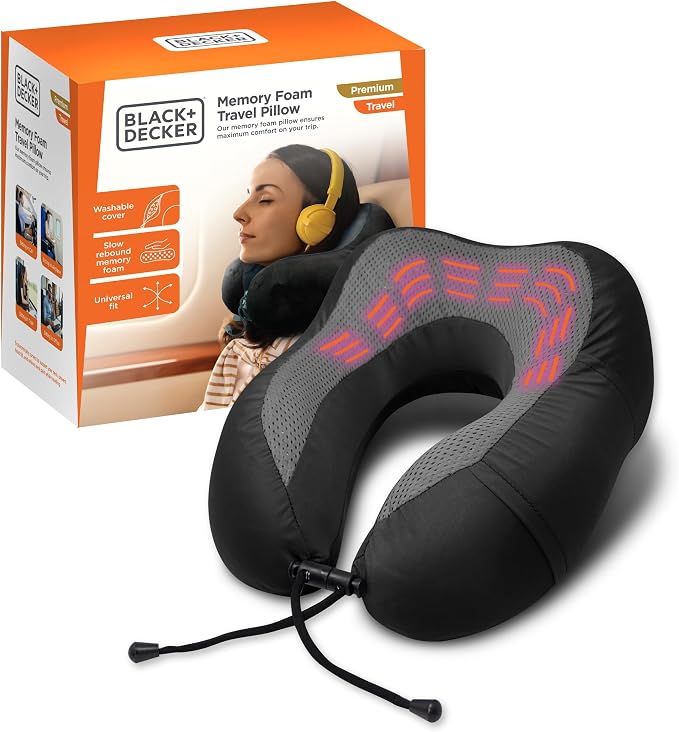 BLACK+DECKER Cooling Gel Memory Foam Neck Pillow – Travel Pillow for Plane, Car & Train – Ergonomic Neck Support, Slow Rebound Memory Foam, Washable Cover, Universal Fit, Black by Unknown
