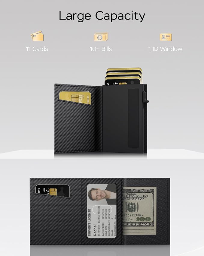 RFID Wallet for Men with Smart Pop Up Card Holder, Slim Minimalist Trifold Front Pocket Wallet with Metal Case ID Window Cash Slot & Magnetic Closure, 9-11 Cards 10+ Bills Capacity, Gift for Men - Image 4