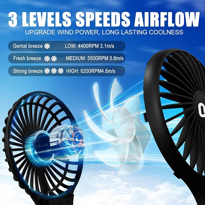 QQT Mini Handheld Fan, Small Personal Cooler with 3 Speeds, Portable Battery Operated, USB Rechargeable Makeup Eyelash Dryer, Strong Airflow for Travel, Office, Outdoor, Women, Men, and Kids (Black) - Image 2