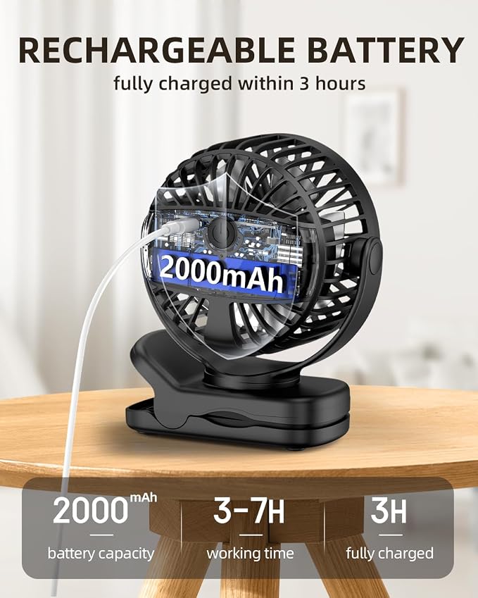 TUNISE Mini Clip on Fan, Battery Operated Desk Fan, Digital display，3 Speeds Adjustable, Bidirectional 360 ° Adjustable, Super Strong Wind, Portable Fan for Home Office Stroller Camping Black - Image 4