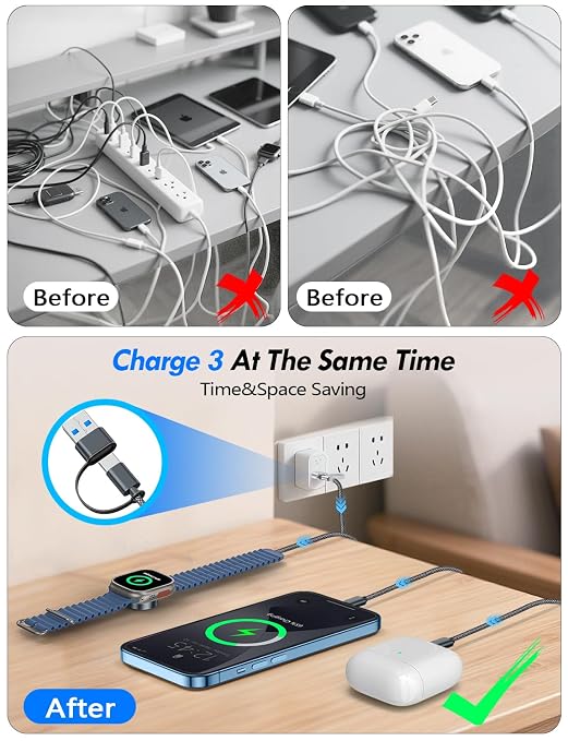 Travel Essentials for Apple Watch Charger,iPhone Charger,3 in 2 Type C/Lightning/Magnetic Travel Charging Cable,Portable Multi Charging Cable for Apple Watch, iPhone 17‑11,Samsung S26,Car,iPad-4FT - Image 3