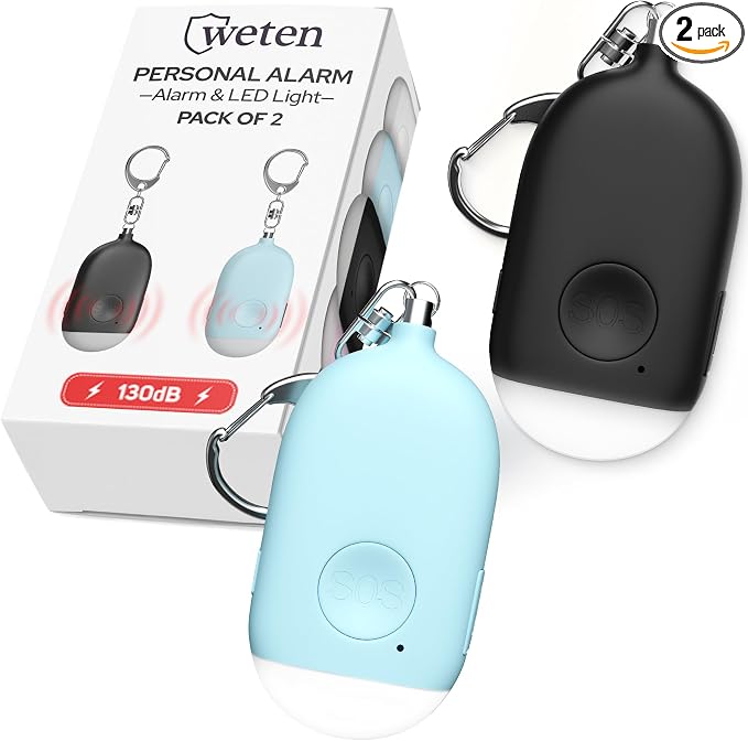 Weten Rechargeable Personal Alarm Keychain - 130dB Siren & LED Light - 2 Pack Personal Safety Alert for Women to Carry - Panic Button Alarm for Security - Rape Whistle for Self Defense (Black&Blue) by WETEN
