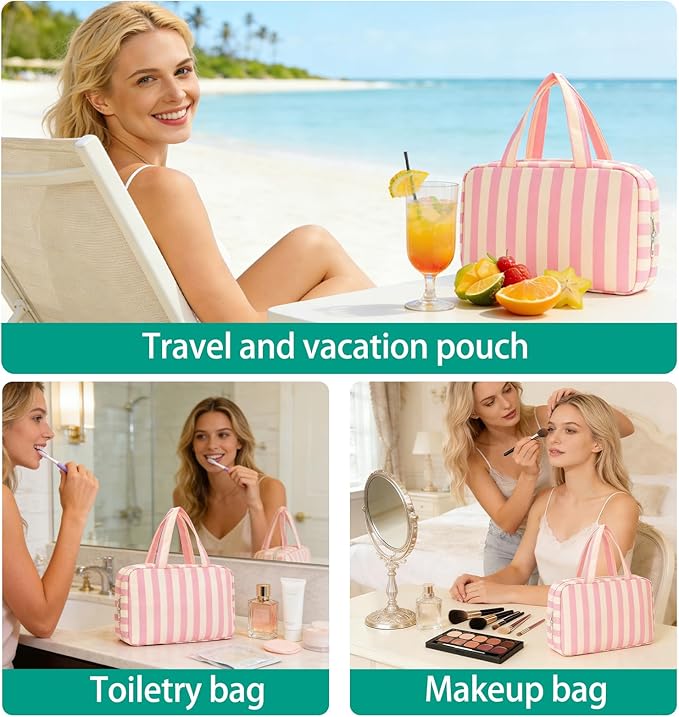 Toiletry Bag for Women Travel Water-resistant Cosmetic Bag Fashion Stripes Makeup Bag with Hanging Hook Preppy for Store Toiletries Cosmetic Accessories Medium Pink - Image 6
