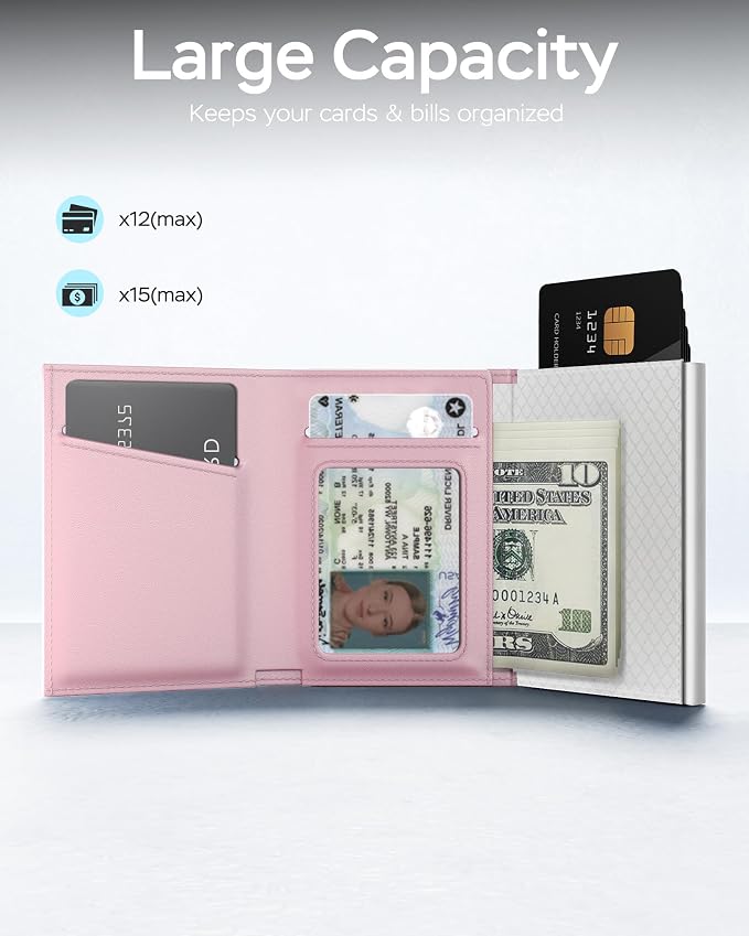 RFID Wallet for Women with AirTag Holder - Slim Small Trifold Wallets Anti-Theft Pop up Card Holder for Air Tag, Front Pocket, Minimalist, Premium Leather, Ultra Thin, ID Window, Cash Slot - Image 4