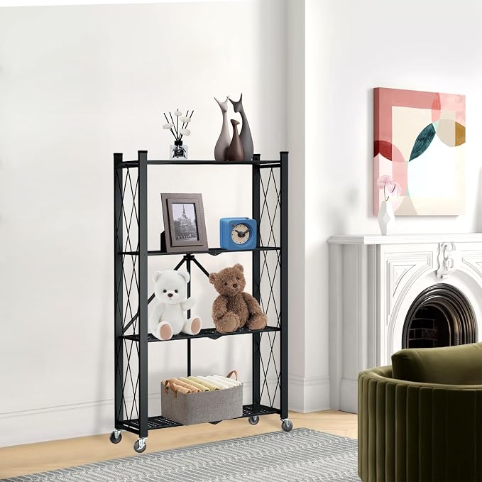 4 Tier Foldable Storage Shelf with Wheels, Metal Steel Collapsible Shelves | Heavy Duty Folding Shelf Loads 600 LBS, Rolling Standing Utility Rack for Kitchen, Pantry, Office, Black - Image 9