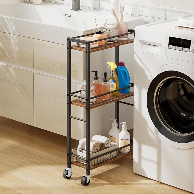 MAHANCRIS Slim Rolling Cart, Mobile Kitchen Cart on Wheels, Narrow Storage Cart for Small Space, Small Bar Cart, for Bathroom, Laundry, Living Room, Rustic Brown RCHR1501Z by MAHANCRIS