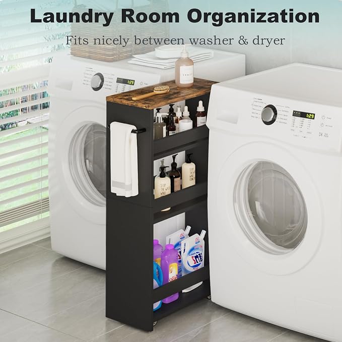 MARTY Slim Rolling Storage Cart 7.9" W Laundry Cart with Wheels,Brown+Black | Narrow Utility Cart Between Washer and Dryer, 3 Tier Mobile Shelving Unit for Kitchen, Laundry, Bathroom, Office, Living Room - Image 4