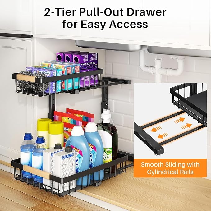 PXRACK Under Sink Organizer, Adjustable Height, 2 Tier Pull Out Under Cabinet Organizer, Slide Out Thickened Metal Under Sink Storage for Kitchen Bathroom Laundry Pantry Cabinet, Black, Small-2-Pack - Image 3