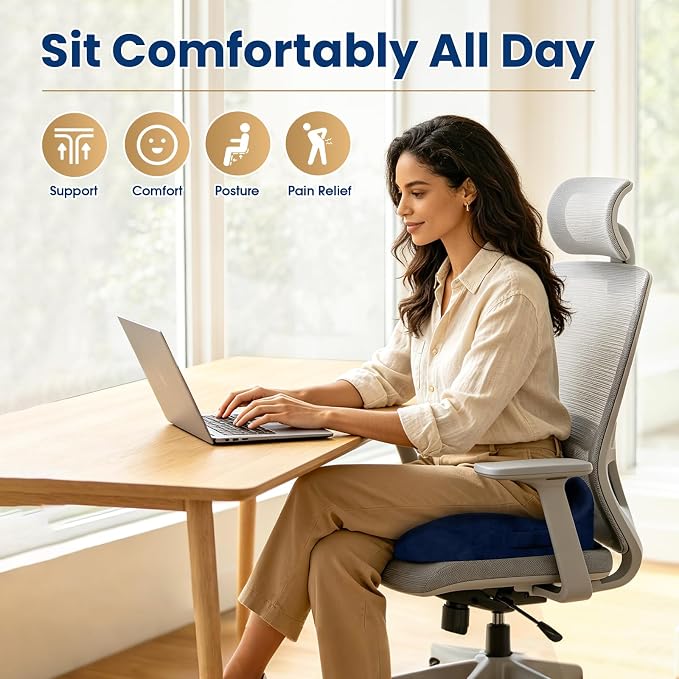 Memory Foam Seat Cushion for Office Chair & Car Seat, Blue | for Office Chair, Car Seat, Relieving Pressure Tailbone Sciatica Back Pain for Long Sitting Office Workers, Car Drivers - Image 4