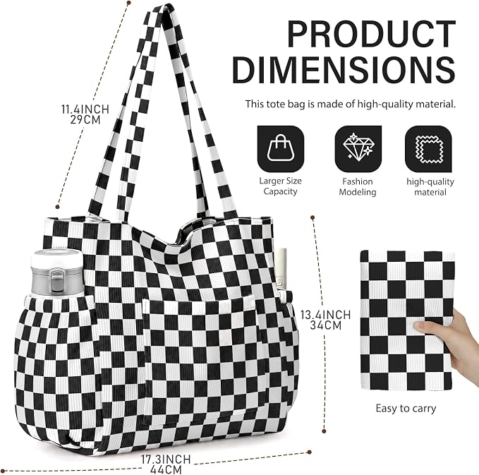Corduroy Tote Bag for Women,Large Capacity Cute Tote Bags With 6 Pockets,Crossbody Shoulder Handbag for Work Travel Gym - Image 7