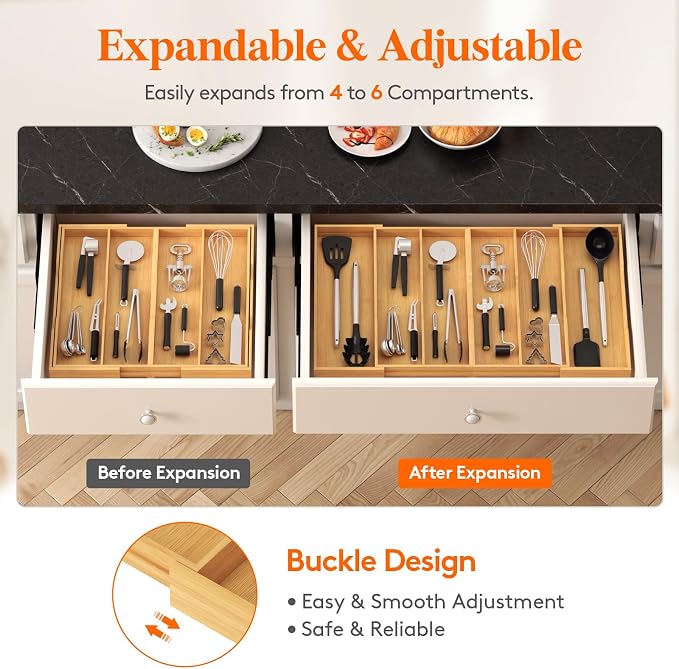 Lifewit Bamboo Utensil Organizer for Kitchen Drawer, Cooking Utensil Tray | Expandable Cutlery Silverware Flatware Holder, Wood Adjustable Spatula Tools Storage Divider, 17.8-28.3 x 17", Natural - Image 8