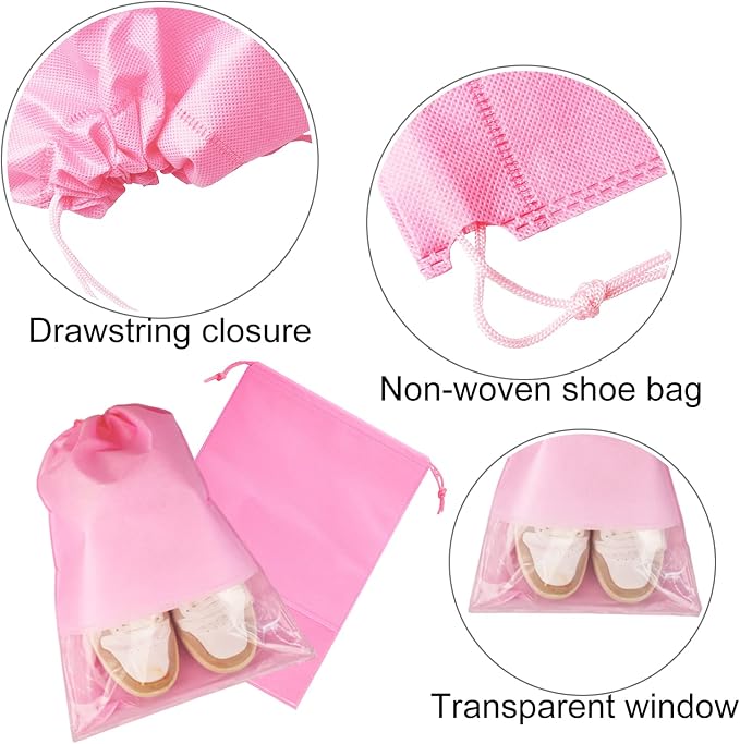 6 Pcs Travel Shoe Bags, ULIFEMALL Large Non-Woven Drawstring Shoes Storage Bag with Transparent Slot Clear Window Portable Waterproof Dustproof Shoes Pouch Packing Organizer for Men Women, Pink - Image 3