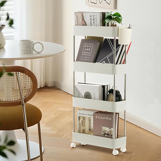VECELO Storage Rolling Cart, 4 Tier Utility Cart Kitchen Slim Mobile Storage Unit Organizers with Wheels Hooks&Hanging Cups for Bedroom Bathroom Office Table Side in Narrow Places, White - Image 10
