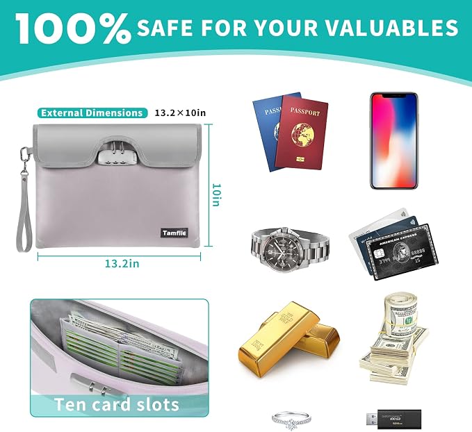 5200F Fireproof Money Bag with Lock, Waterproof Document Bag with Zipper, 8 Layers Fire Insulation, Safe Storage Pouch for Cash, Passport, Certificate (10" x 13", Silver) - Image 4