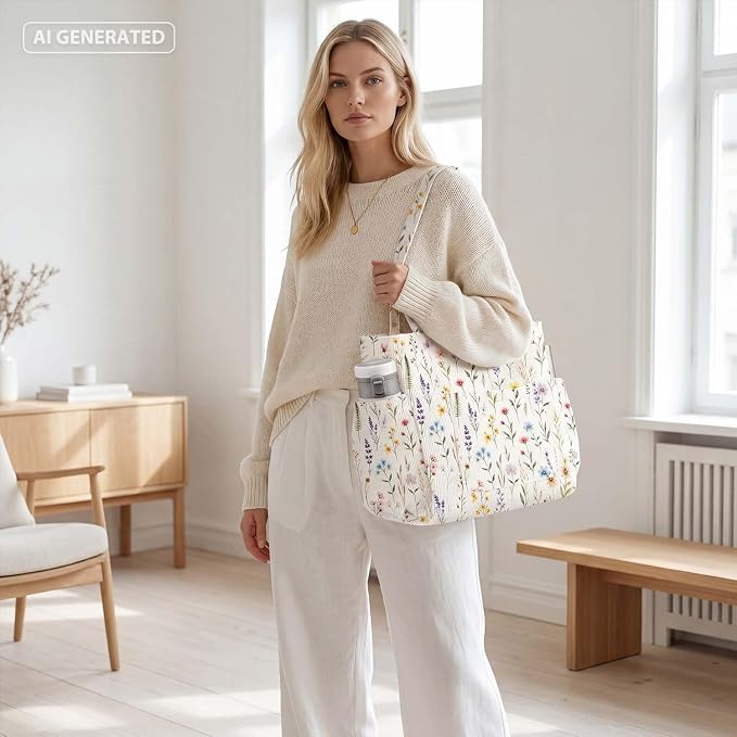 Corduroy Tote Bag for Women,Large Capacity Cute Tote Bags With 6 Pockets,Crossbody Shoulder Handbag for Work Travel Gym - Image 9
