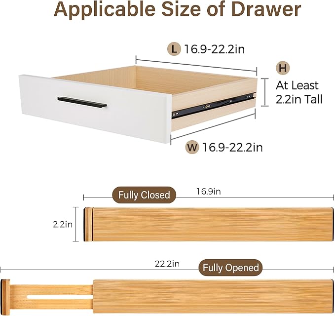 Adjustable Bamboo Drawer Dividers of 4, Expandable Organizers (16.9"-22.2") | Spring-Loaded Kitchen Drawer Organizer, Non-Slip Ends, 2.2" High, Easy Setup & Clean, for Kitchen, Dresser, Clothes, Bath - Image 2