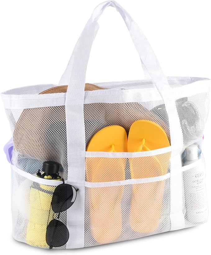 CaCTOUR Mesh Beach Bag,Large Beach Bags for Women with 8 Pockets,Packable Tote Bag for Beach Cruise Pool Vacation Essentials by CaCTOUR