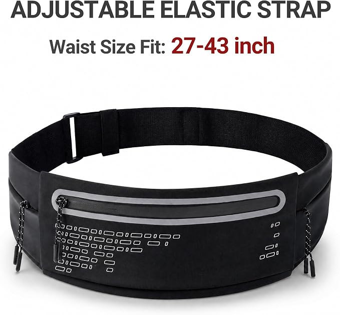 Running Belt Fanny Pack Men Women, Slim No-Bounce Waterproof Phone Holder | Adjustable Elastic Strap Fits 27-43" Hips, Detachable Race Bib Clips, Energy Gel & Sunglasses Loops, 3 IPX4 Pockets - Image 9