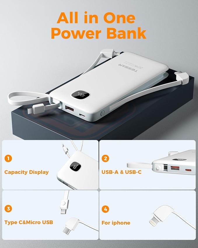 Portable Charger with Built in Cables,TESSAN 10000mAh Power Bank Fast Charging with Foldable Wall Plug Charger, PD20W Compact Battery Pack Travel Essentials for iPhone 17/16/15 Series,Samsung,Tablets | PD20W USB C Fast Charging with Foldable AC Outlets... - Image 6