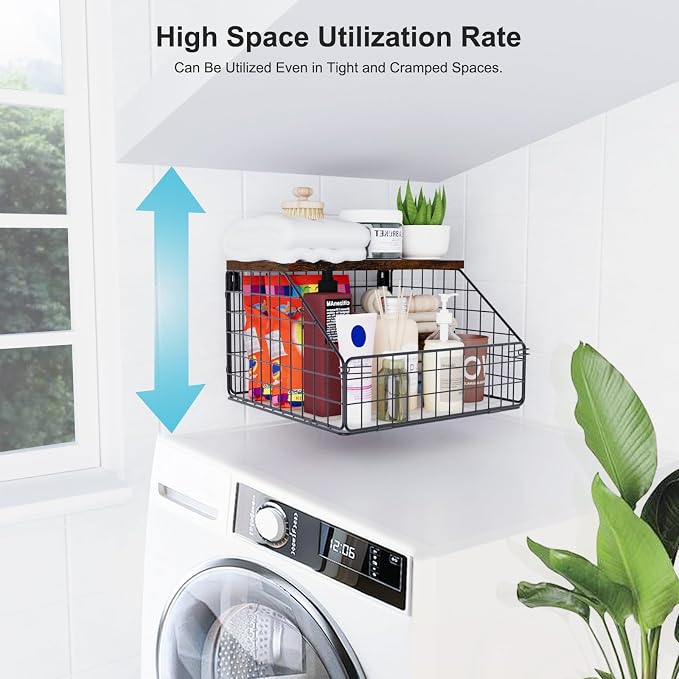 MSJGA Laundry Room Shelves, Wall Mounted Storage Basket, 11.8" Wx12 Dx8.5 H | Stackable Wire Wall Shelves Organizer for Towels, Detergent, Tissues, Space-Saving Over Washer & Dryer, Small Spaces - Image 4