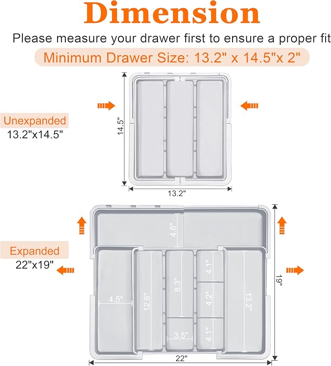 Large Utensil Drawer Organizer Expandable Silverware Organizer for Kitchen Drawer Adjustable Cooking Utensil Holder Cutlery Flatware Tray Spatula Tools Gadgets Storage Dividers Plastic Grey - Image 4