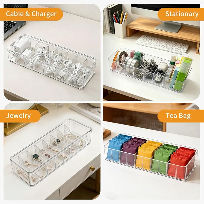 2 Pack Cable Organizer Box with Lid - Stackable Charger Cord Storage Organizer with 20 Wire Ties - Adjustable Compartments Phone Cables Wire Management Box for Drawer Desk Office Home Accessories - Image 7