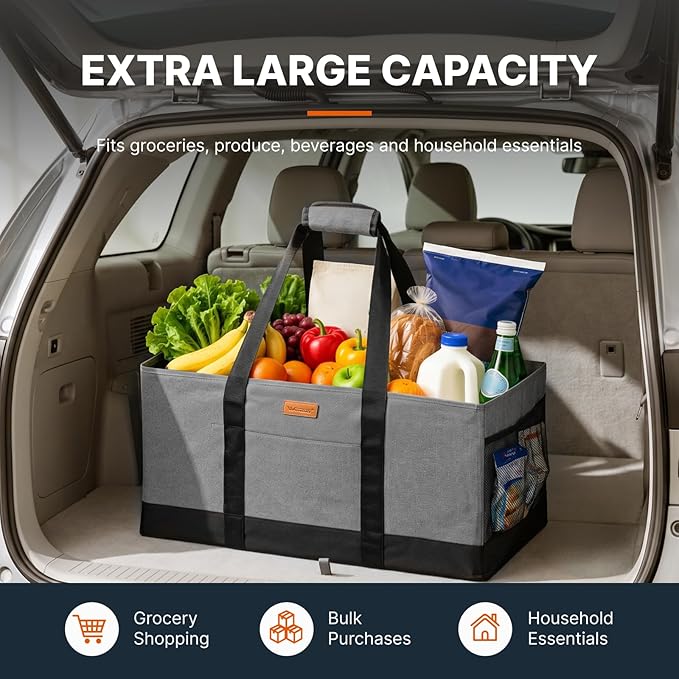 WONDAY Grey Foldable Utility Tote Bag, Reusable Grocery Bag | 22x11x13in, holds 50lbs, 600D Oxford fabric with PP board bottom, folds flat, side panels only, not self-standing - Image 3