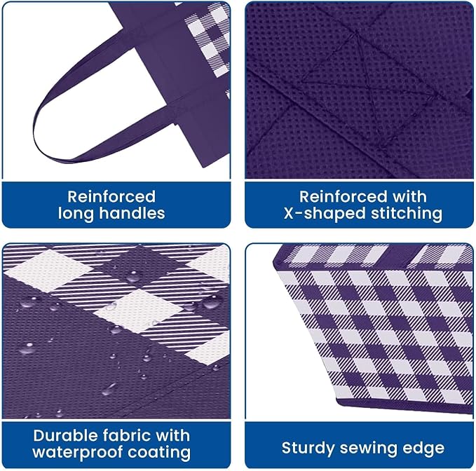 Reusable Grocery Shopping Bags 10 Pack Large Foldable Tote Bags Bulk | Eco Produce Bags with Long Handle for Shopping Groceries Clothes (Plaid C) - Image 7
