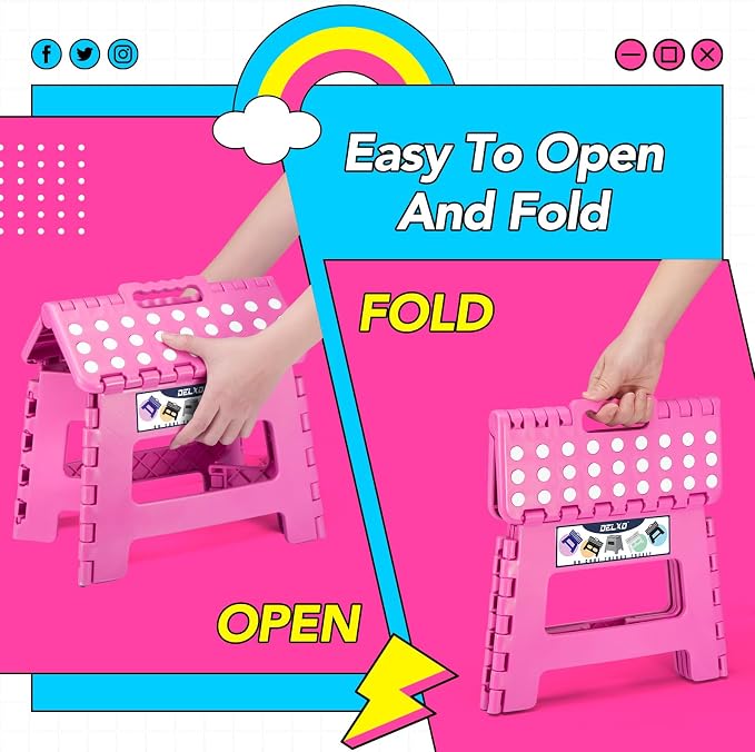 Delxo 9 Inch Kids Step Stool,300 Lbs Folding Step Stool for Toddler Pink | Foldable Step Stool,Non-Slip Foot Stools with Handle, Lightweight Collapsible Stool for Kitchen,Bathroom,Bedroom,Garden - Image 4