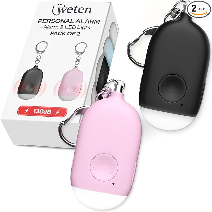 Weten Rechargeable Personal Alarm Keychain - 130dB Siren & LED Light - 2 Pack Personal Safety Alert for Women to Carry - Panic Button Alarm for Security - Rape Whistle for Self Defense (Black&Pink) by WETEN